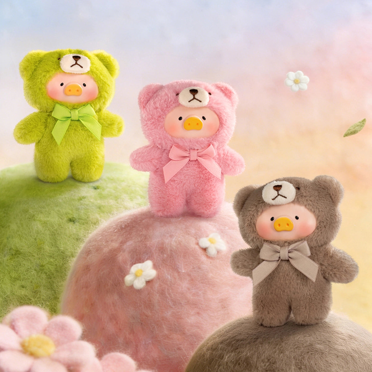 Grass green, Blooming pink and Fruit cocoa-brown Lulu teddy charms on mossy hills, Whispers of Nature