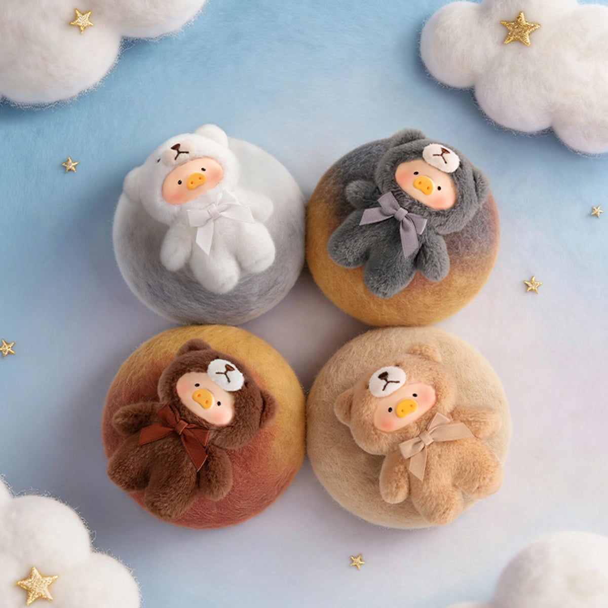 Snow white, Morning Mist grey, Fruit brown and Dune tan Lulu teddy charms among clouds, Whispers of Nature