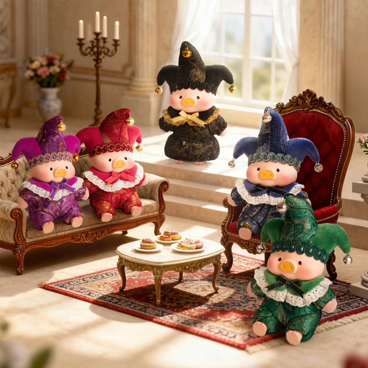 Five jester-angel Lulu The Piggy plush keychains in a palace lounge, Triangel Destiny Angel series