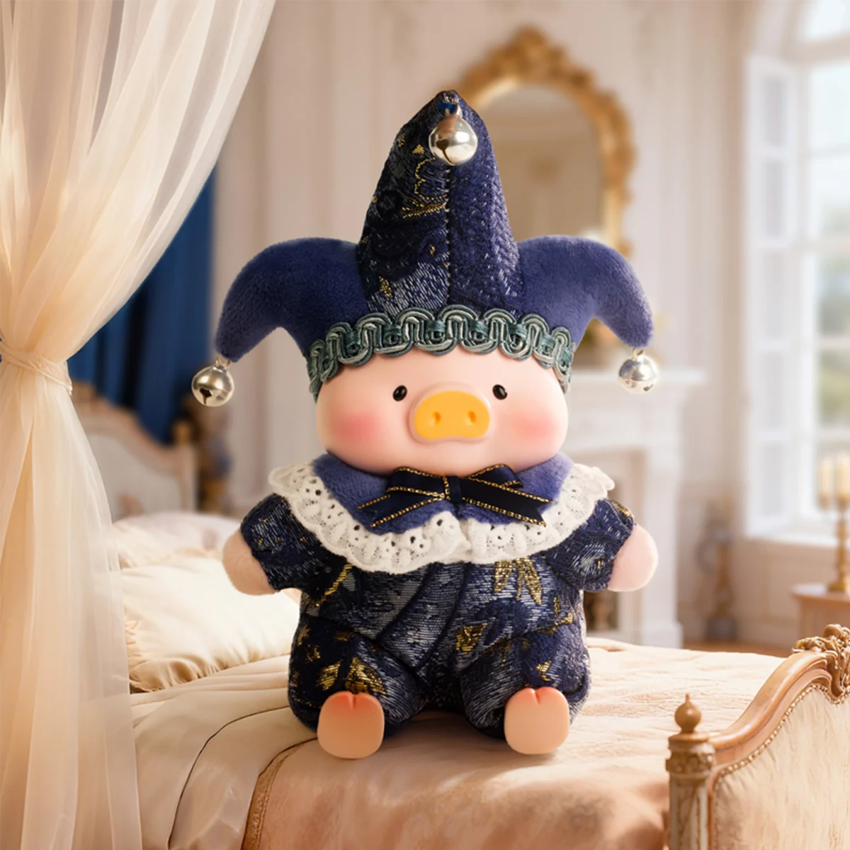 Companion Angel piggy in deep navy jester outfit with white lace collar, Lulu The Piggy Triangel
