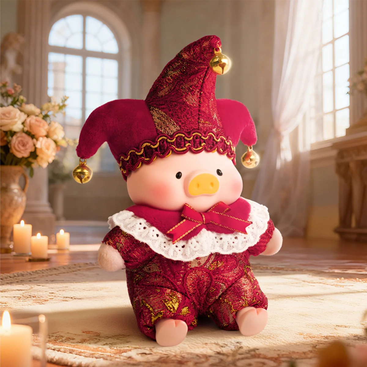 Passion Angel piggy in crimson and gold jester outfit with red bow, Lulu The Piggy Triangel