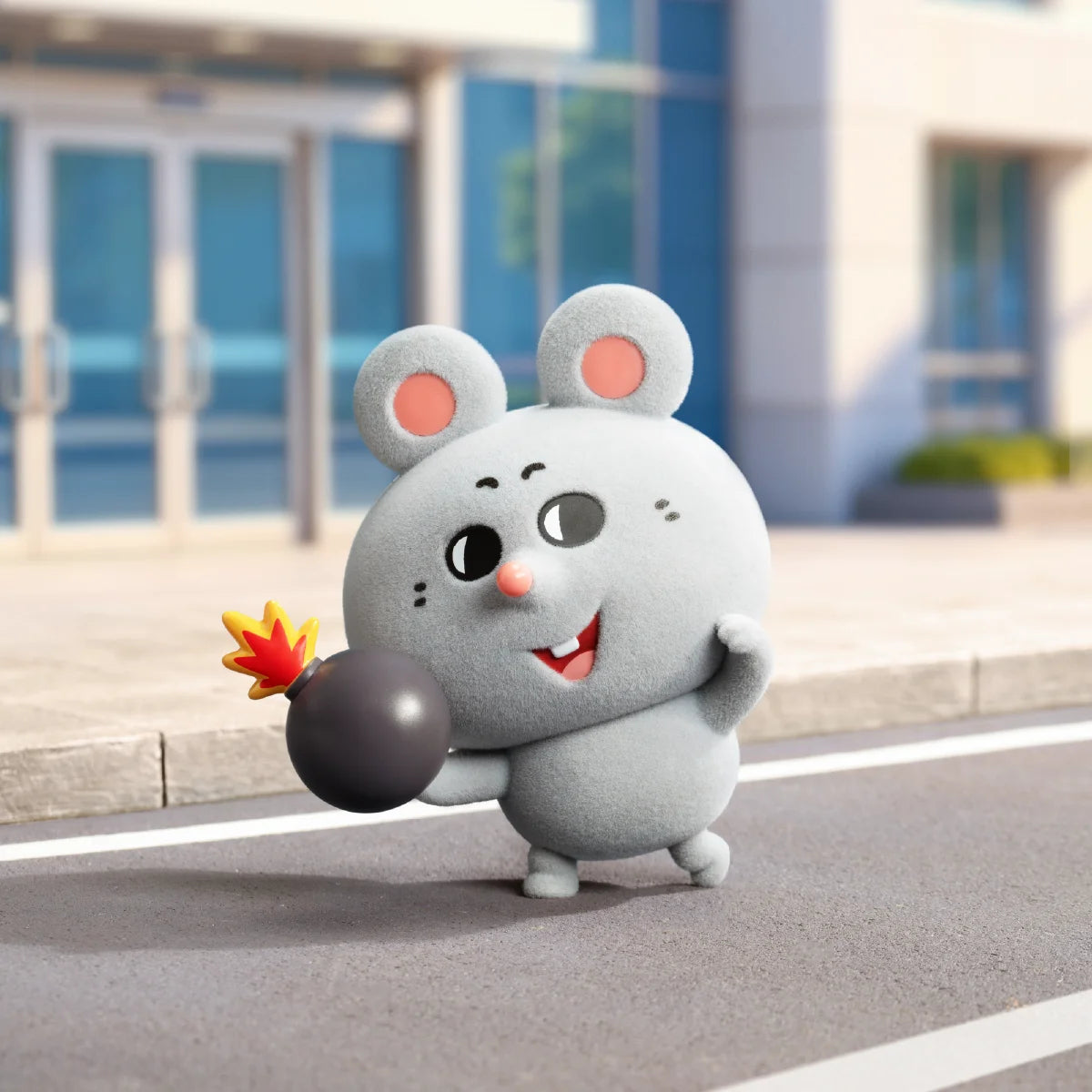 Meiji corporate mouse carrying a black cartoon bomb outside an office building