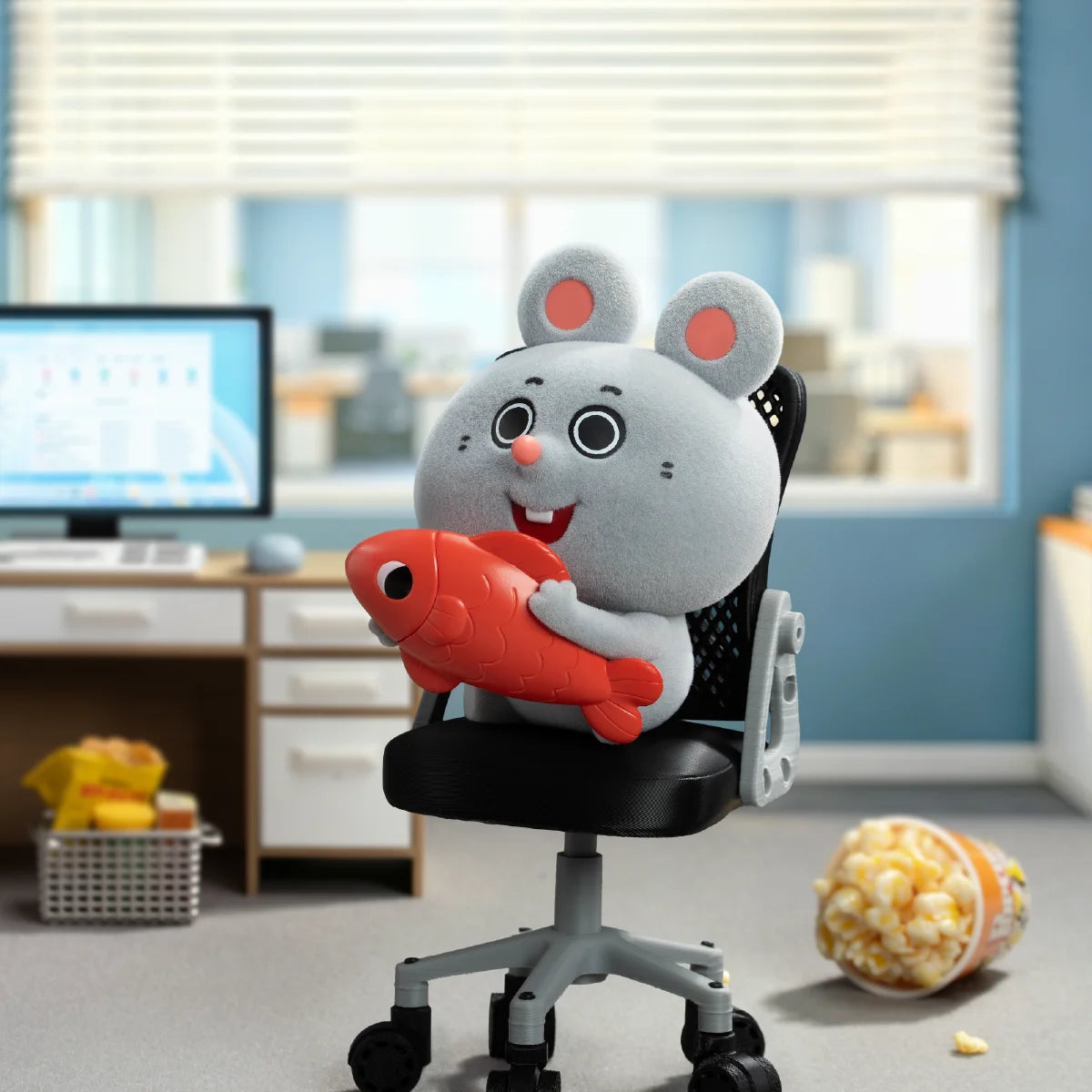 Meiji corporate mouse seated in an office chair and hugging a red fish plush
