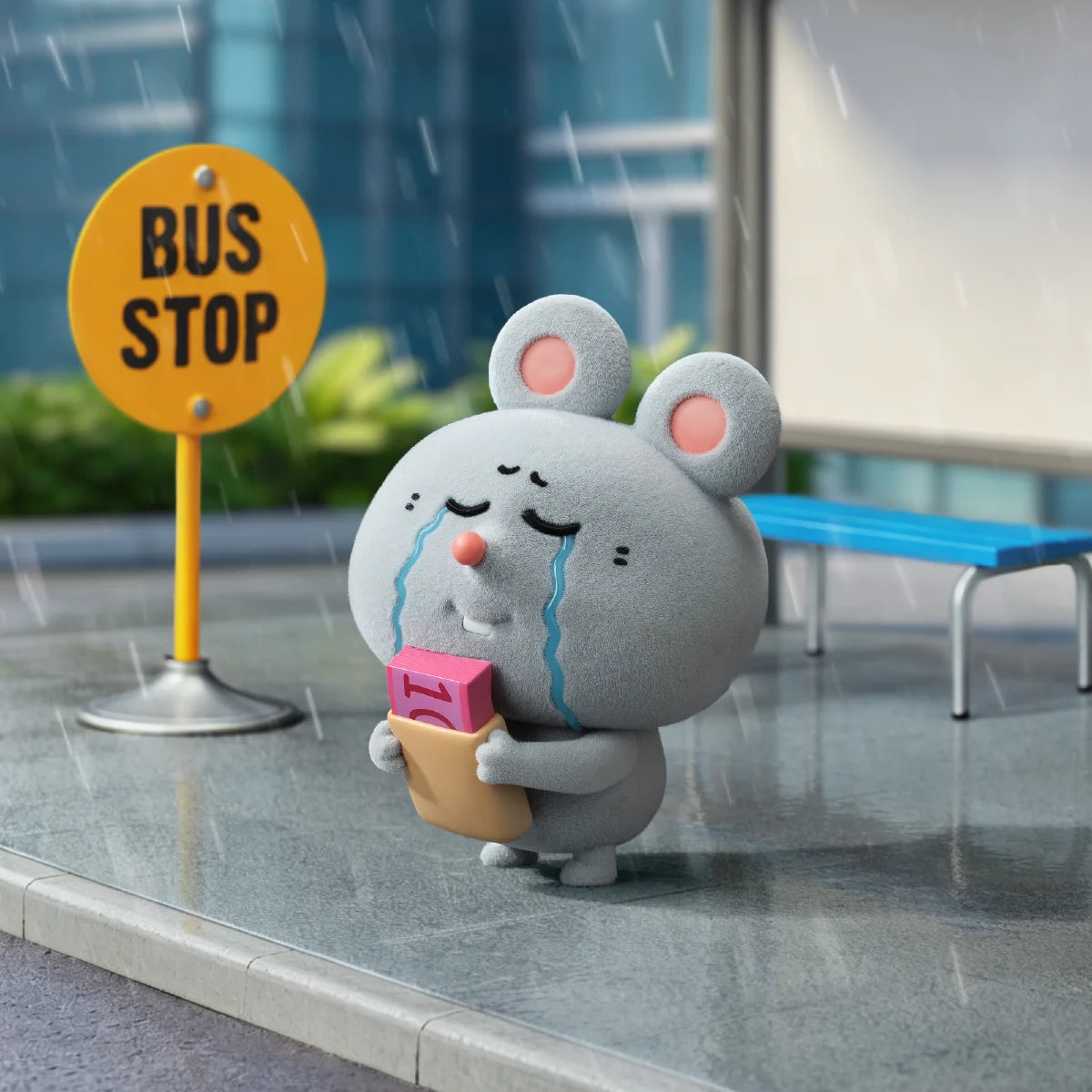 Crying Meiji corporate mouse holding a parcel at a bus stop