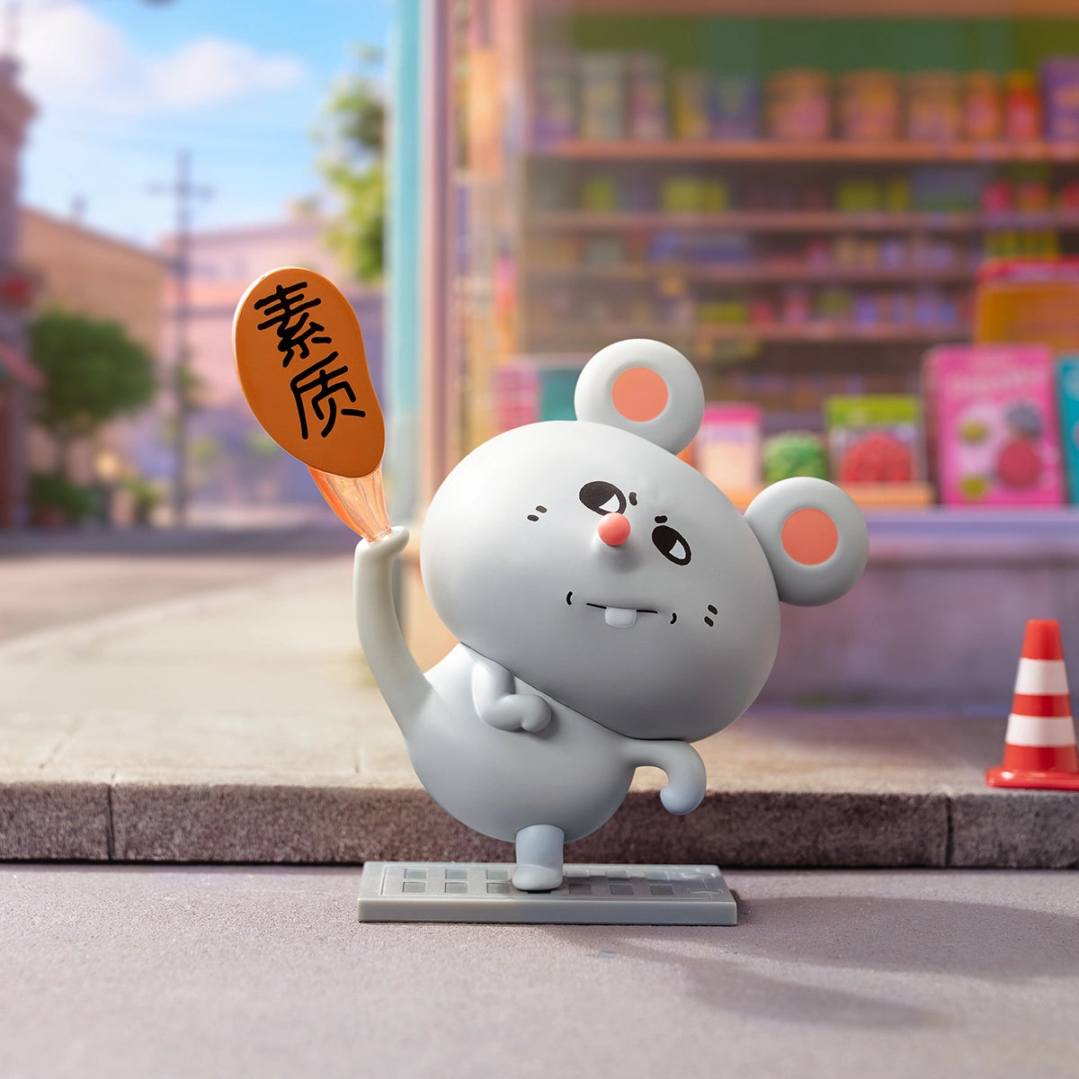 Rainbow Puff grey mouse on keyboard raising quality paddle outside a shop, Meiji and Dashu Blessed Mental State
