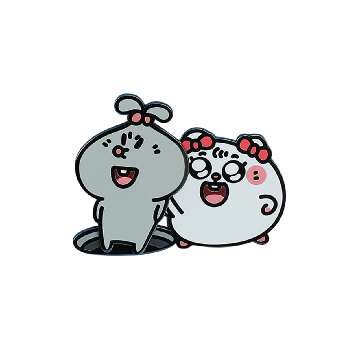 Let's Go Out fridge magnet of grey mouse Dashu and pink-clipped Meiji grinning side by side, Blessed Mental State