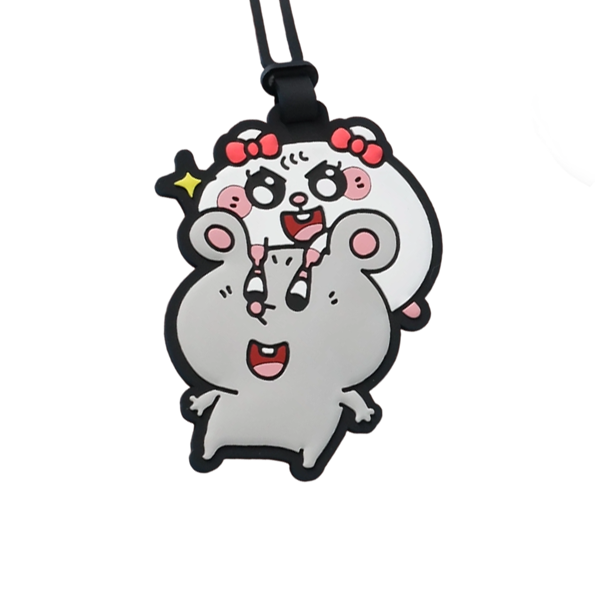 Two gray mice hugging cheek-to-cheek, pink bows and rosy blush, Meiji & Dashu No Sleeping luggage tag by 52TOYS
