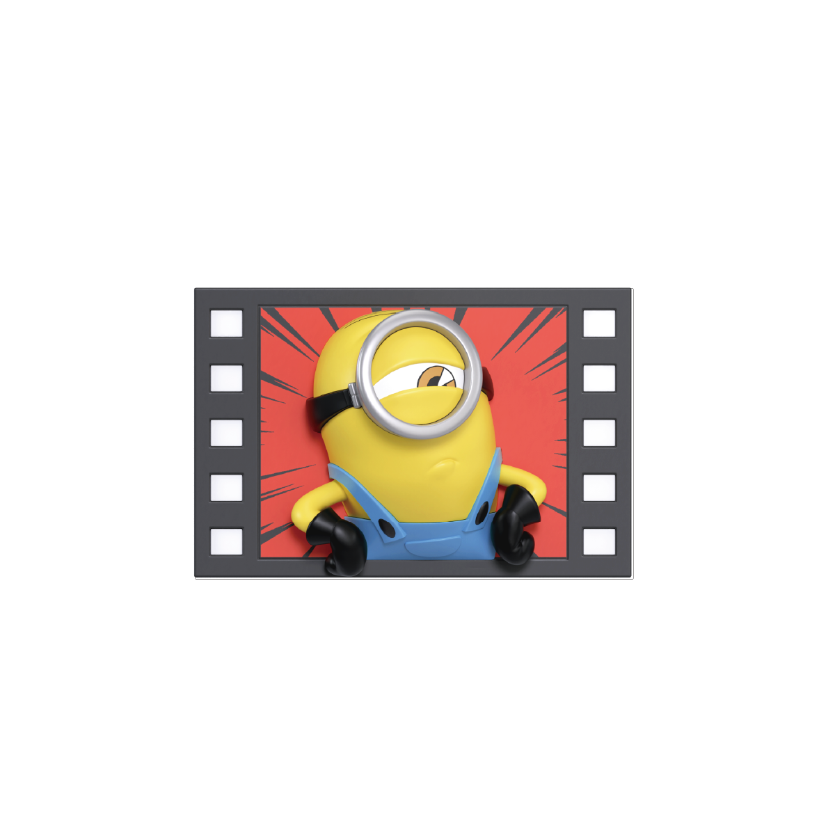 One-eyed Minion fridge magnet bursting through a red filmstrip frame