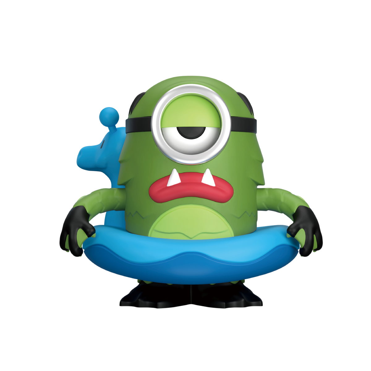 Creature Mel, the green fanged one-eyed lake Minion seated in a blue swim ring, Minion Monsters