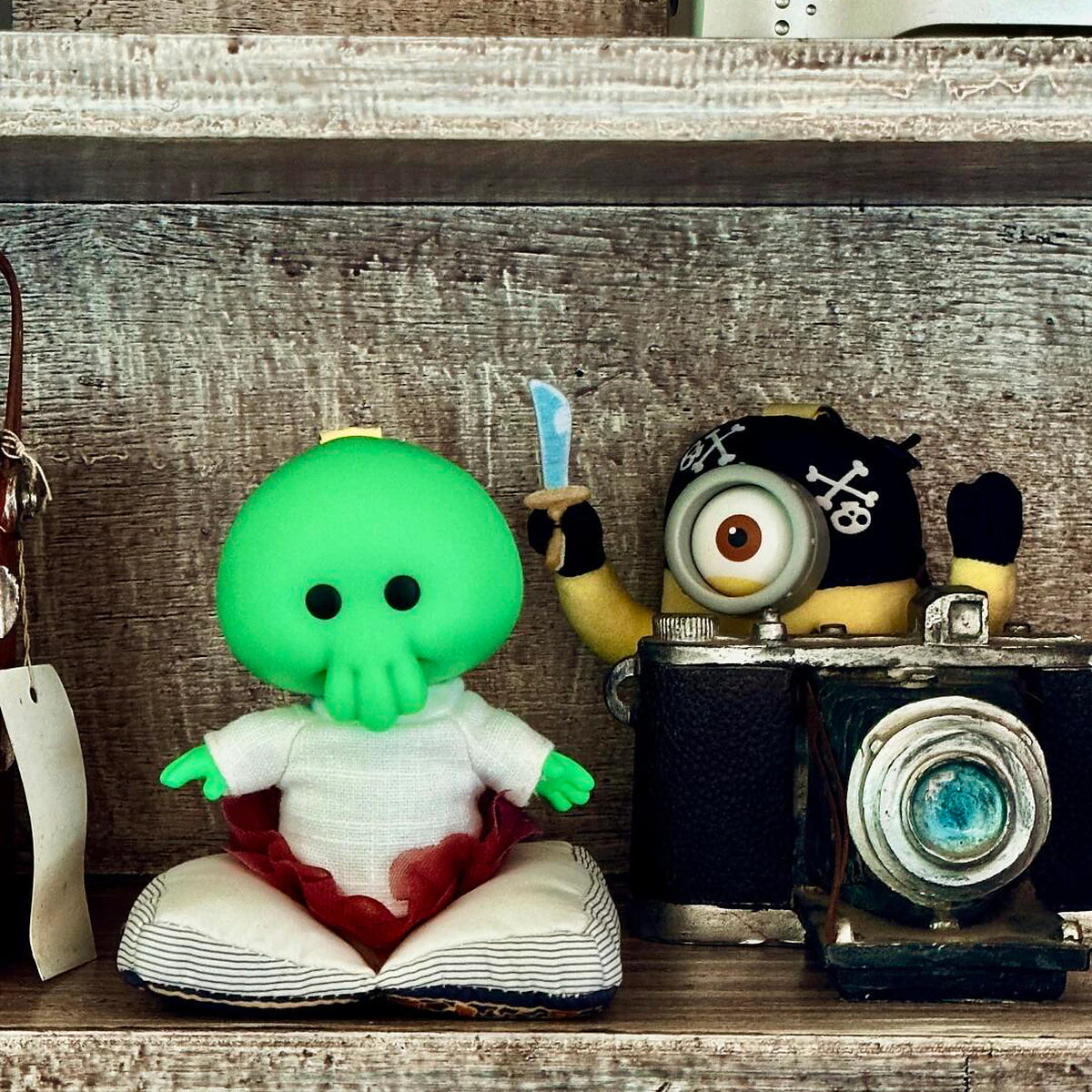 Goomi and Pirate Carl plush toys posed beside a vintage camera