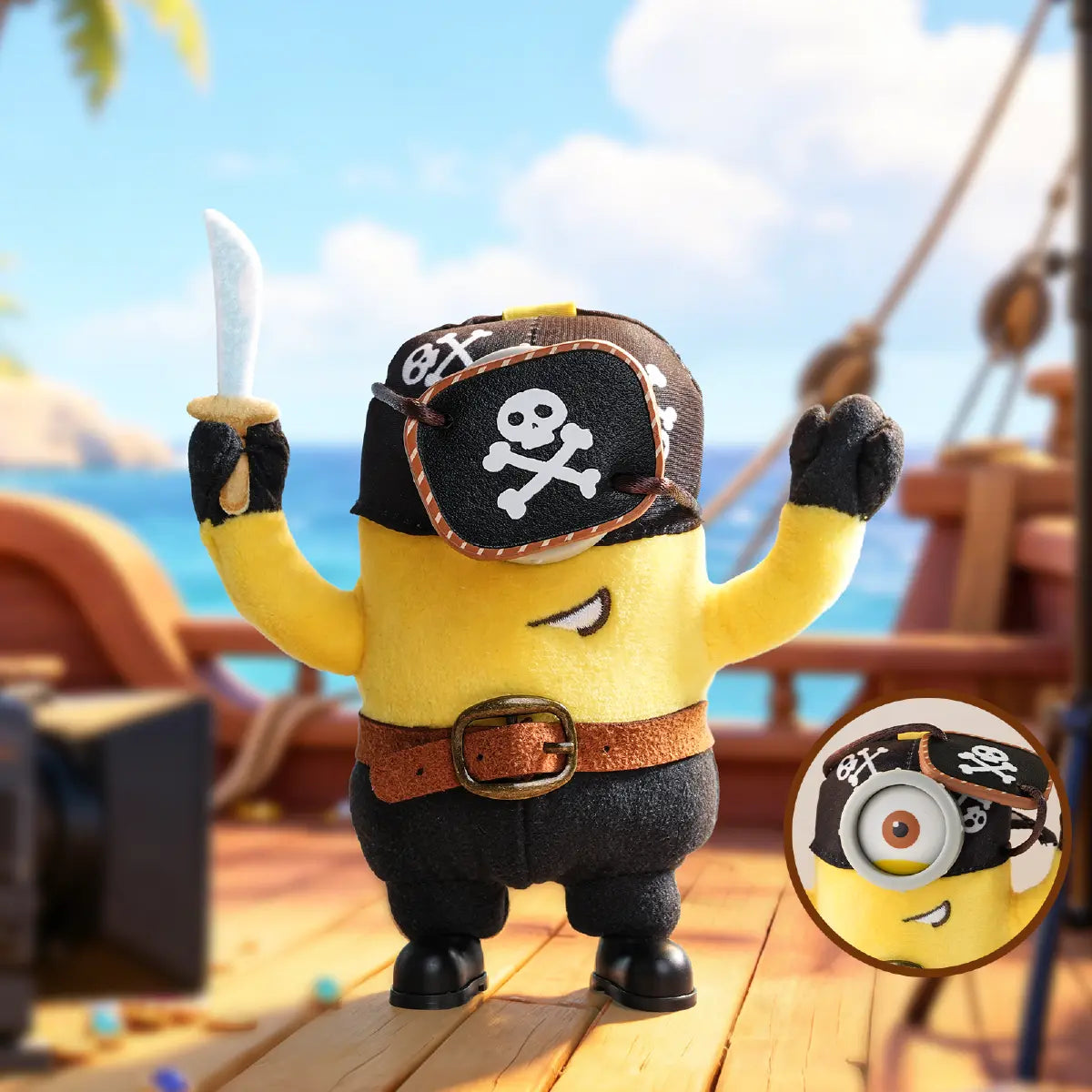 Pirate Carl Minion plush holding a curved sword on a pirate ship