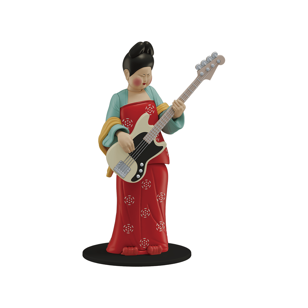 Phoenix Bass Jam Tang court lady in red dress and teal top playing white bass, Modern Ancients Party Queen