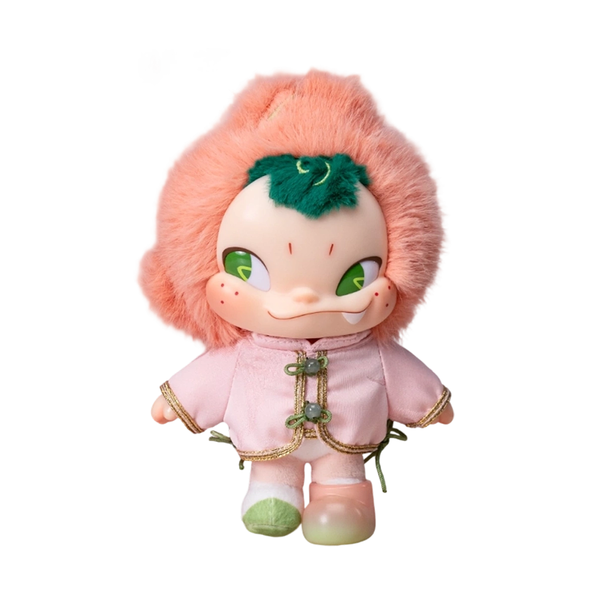 Front view of the NINNIC Fairy Peach plush figure in a pink peach hood and matching outfit