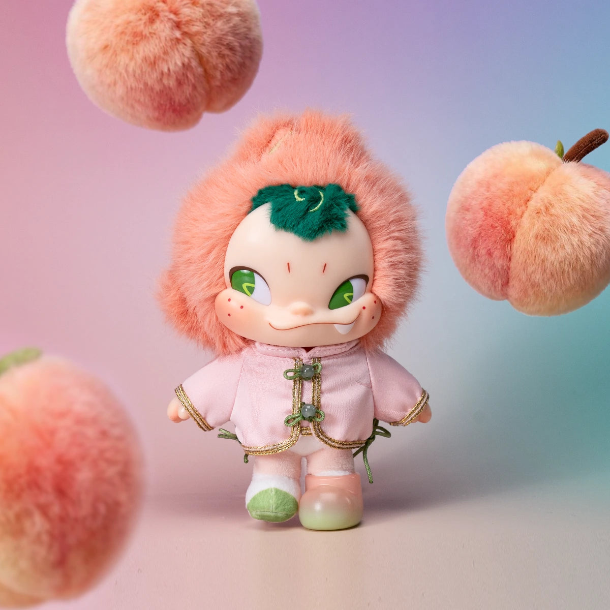 NINNIC Fairy Peach plush figure with green freckles and fanged grin amid ripe peaches