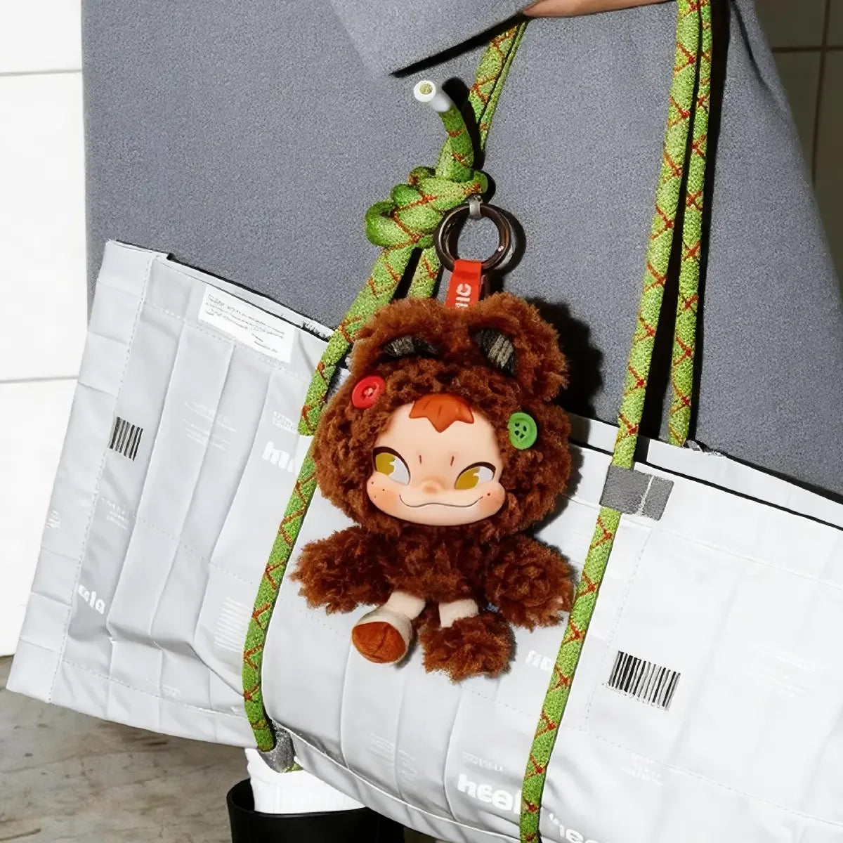 Raggedy Bear brown bear-costume NINNIC plush keychain with button accents, Different Us series
