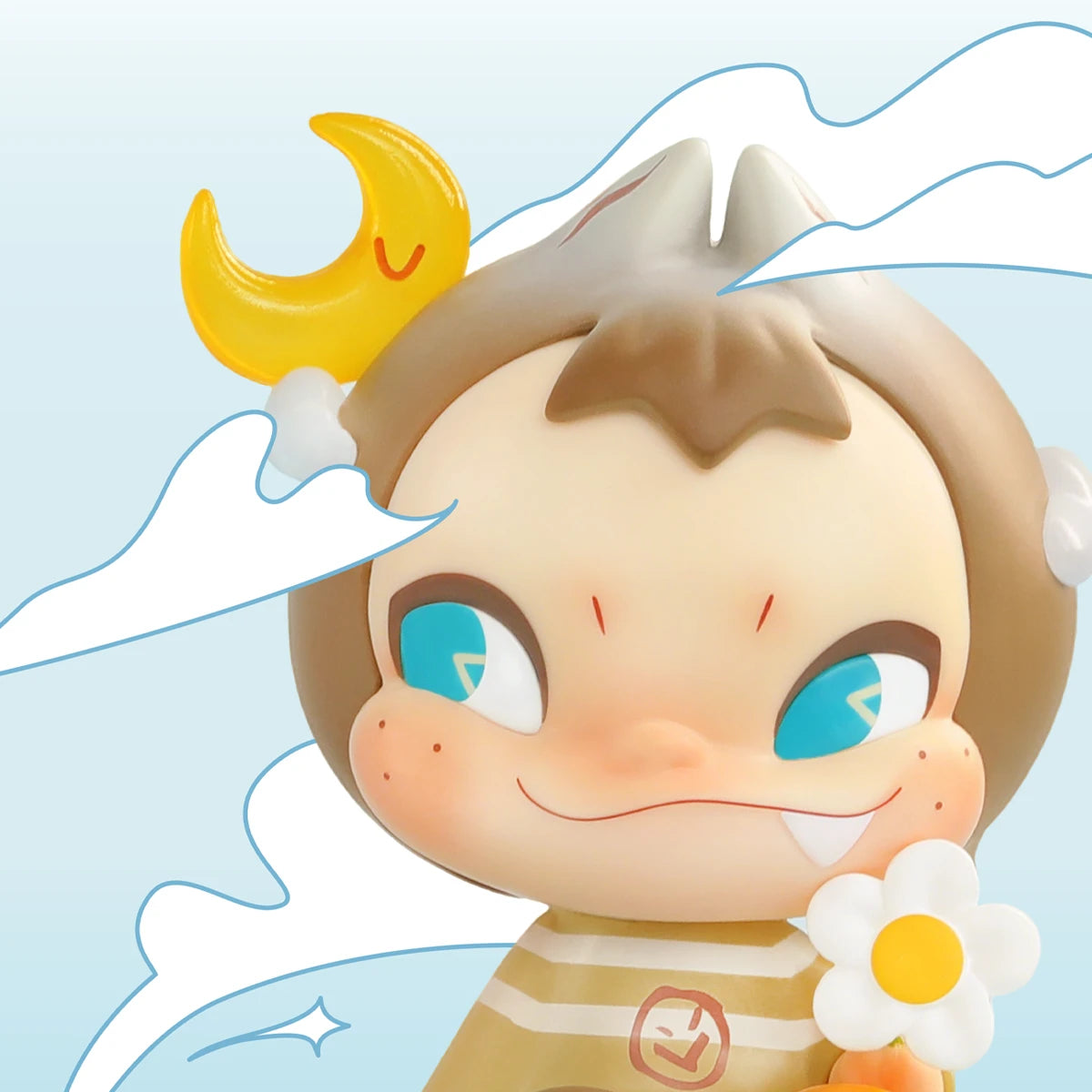 Close-up of Little World NINNIC, teal eyes, dino hood with smiling crescent moon and white daisy