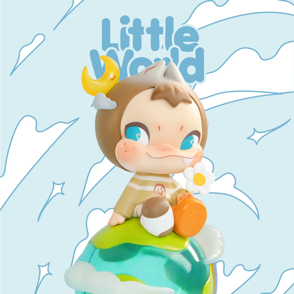 Little World NINNIC seated on a green globe holding a daisy, Little World logo behind