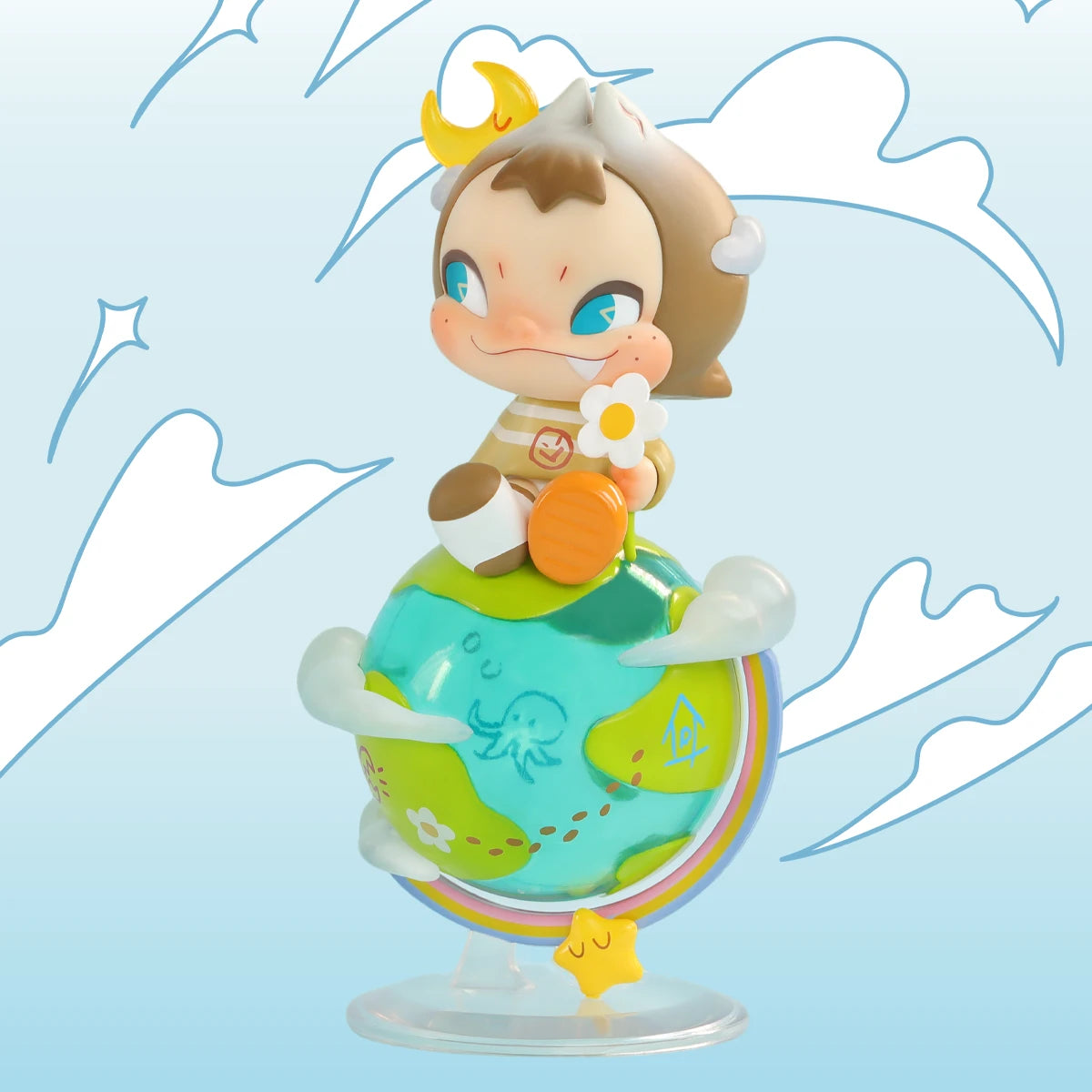 Little World NINNIC perched on a teal-and-green globe with sleeping star, doodles and clouds