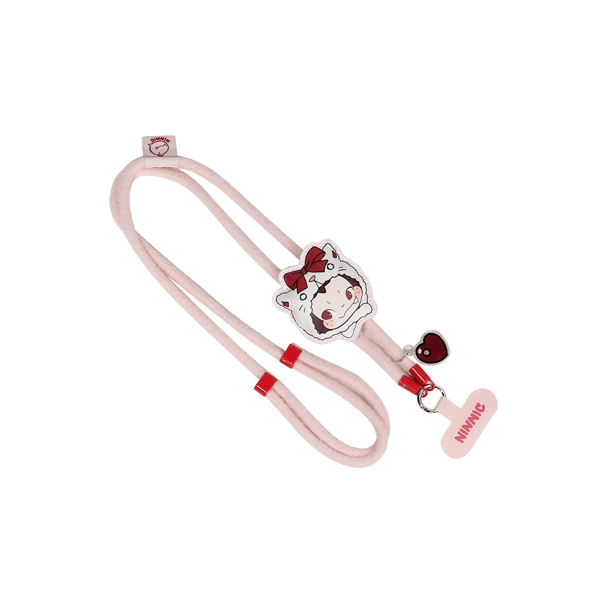 Party Kitty pink cord phone strap with a white cat-eared girl charm, NINNIC Wild & Free Phone Strap blind box by 52TOYS