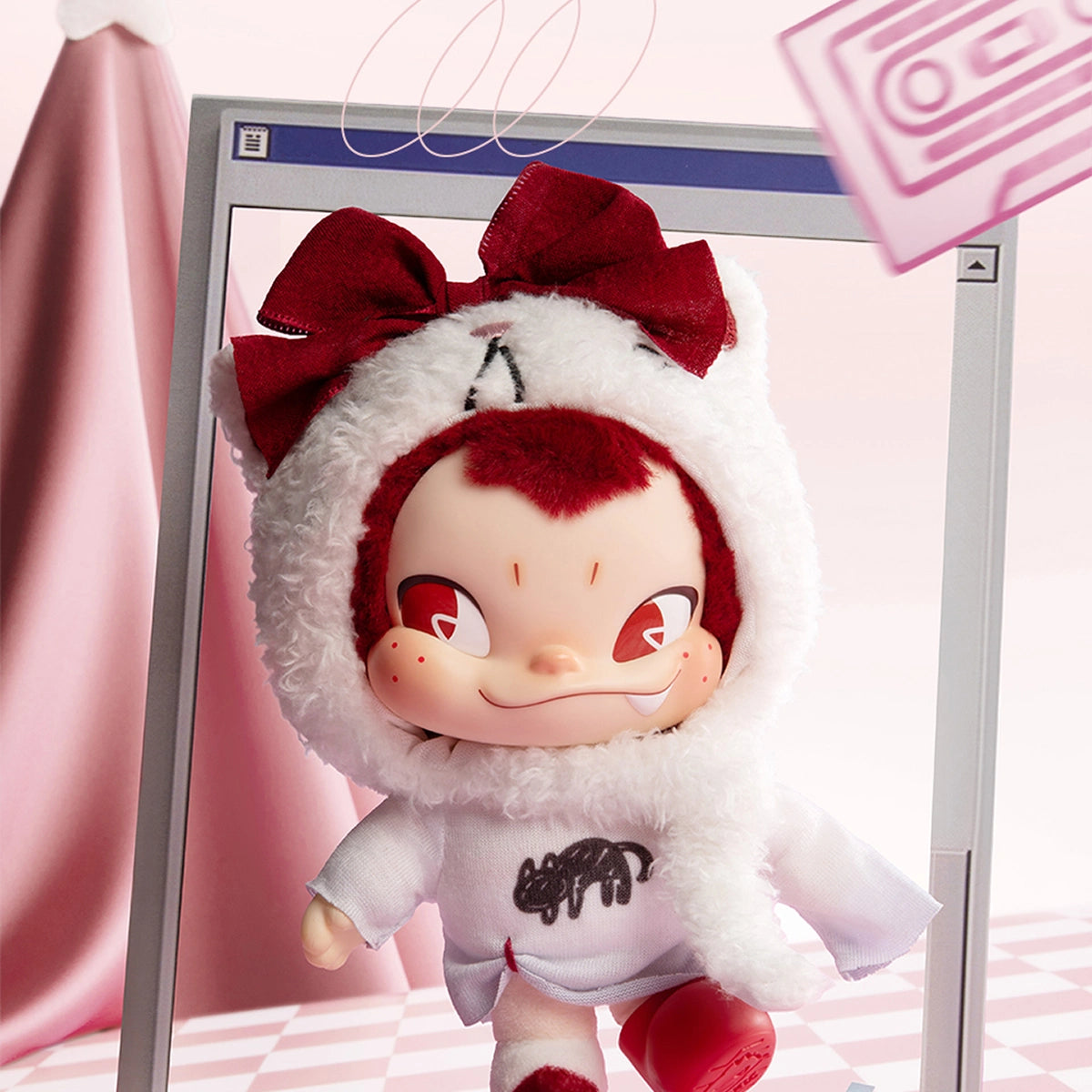 Party Kitty NINNIC in fuzzy white cat hoodie with red bow and ears, NINNIC Wild & Free plush