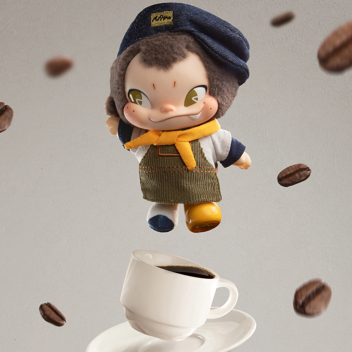 Coffee Watcher NINNIC floating above a coffee cup amid flying beans, NINNIC Wild & Free plush