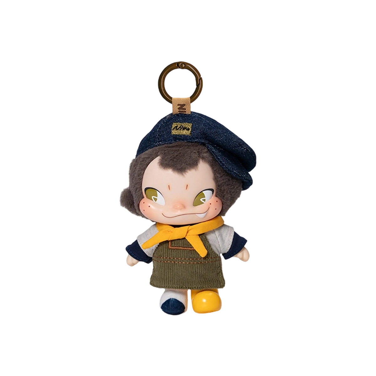 Coffee Watcher NINNIC in denim newsboy cap and olive apron, NINNIC Wild & Free plush keychain by 52TOYS