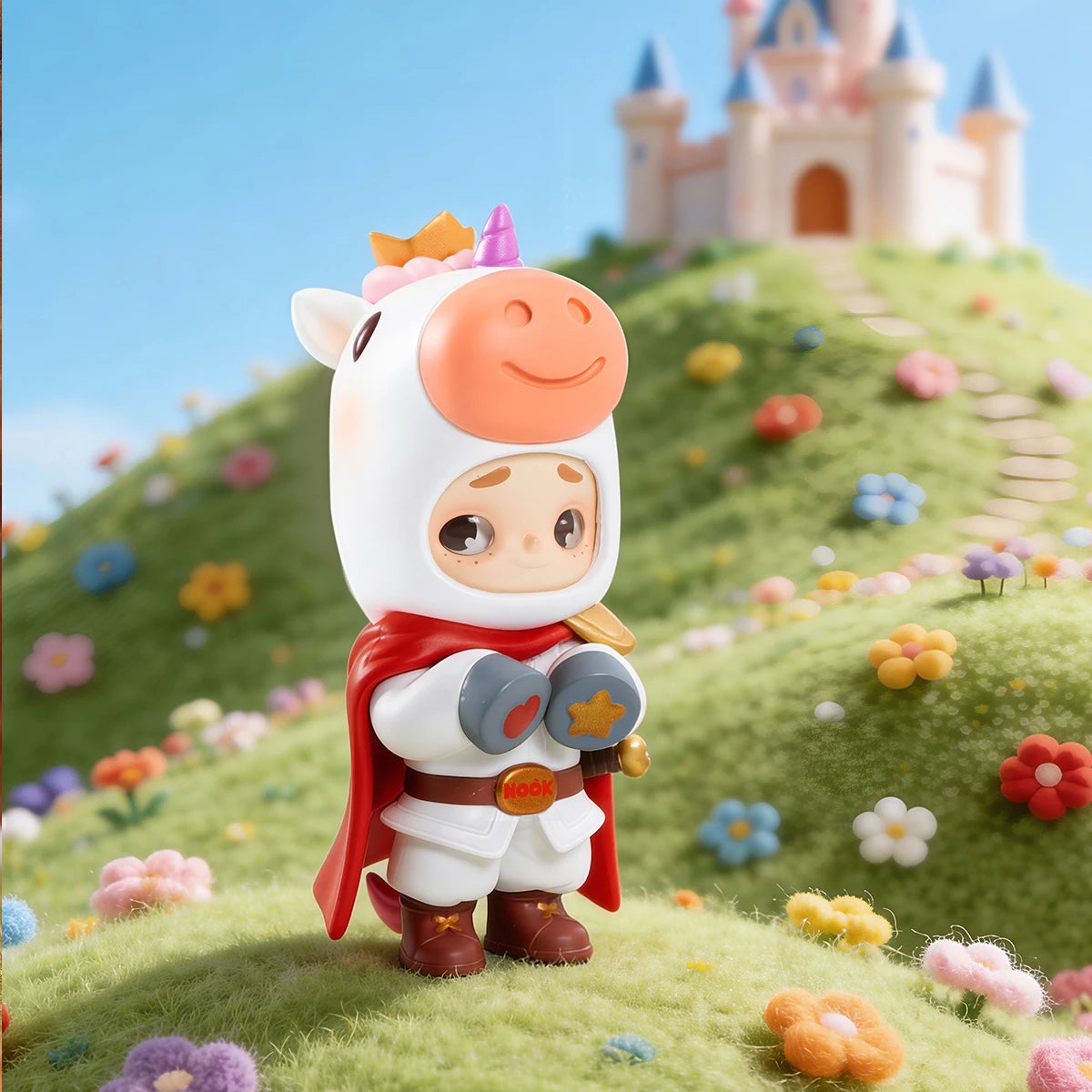 NOOK Little Knight in unicorn hood and red cape posed before a fairytale castle, Wish Island holiday edition