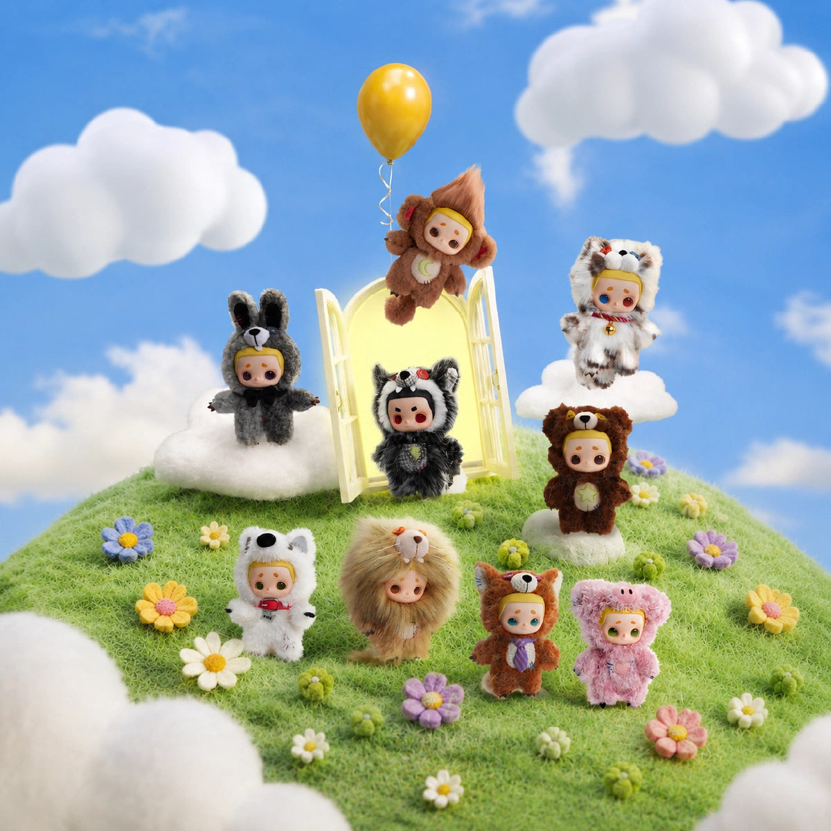 Nine NOOK Animal Boyfriend plush designs arranged on a flower-covered cloud island