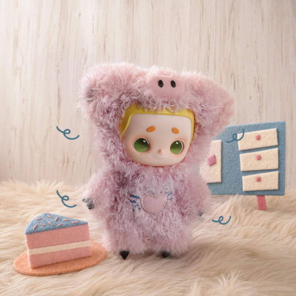 NOOK plush in a pink pig costume standing beside a slice of cake
