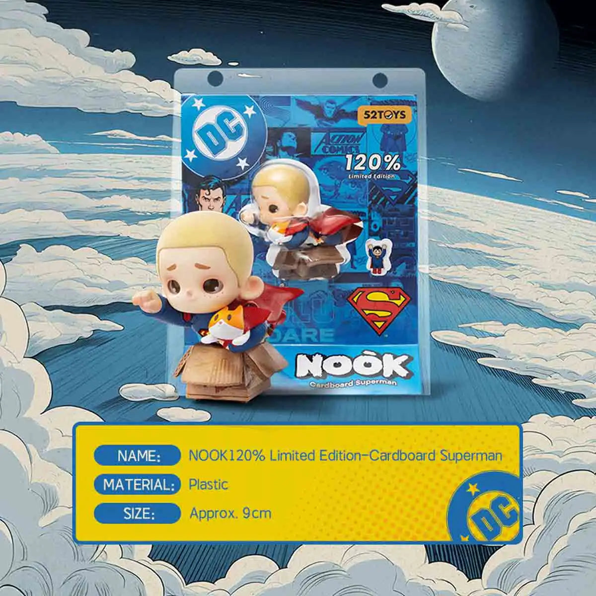 Packaged NOOK 120% Cardboard Superman blind box with DC Superman art, plastic, approx 9cm