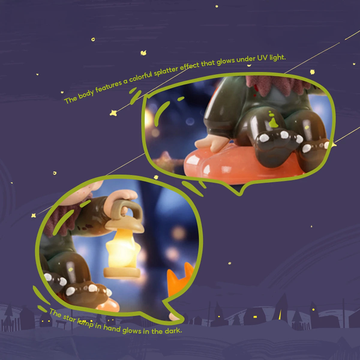 Detail of NOOK's UV-glow splatter Baku body and his star lamp that glows in the dark