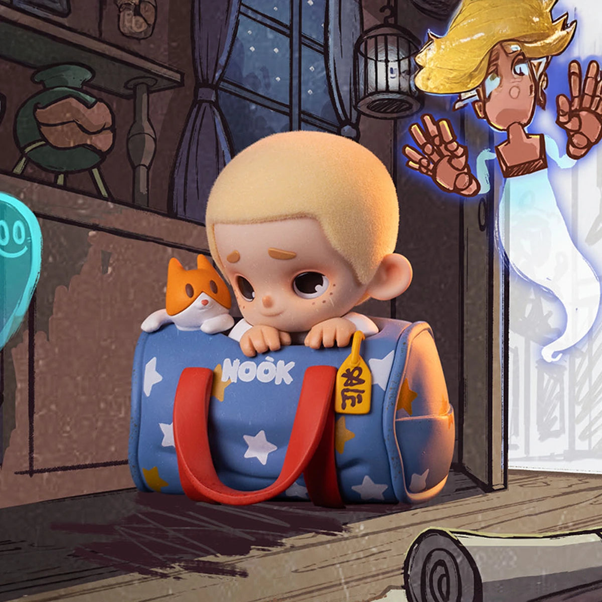 Secret Escape NOOK peeking out of a blue star-print duffel bag with a cat, NOOK In Vintage Store figure
