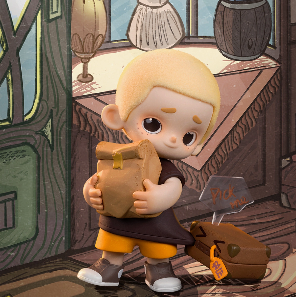 Take Me Home NOOK hugging a brown paper bag beside a suitcase, NOOK In Vintage Store figure