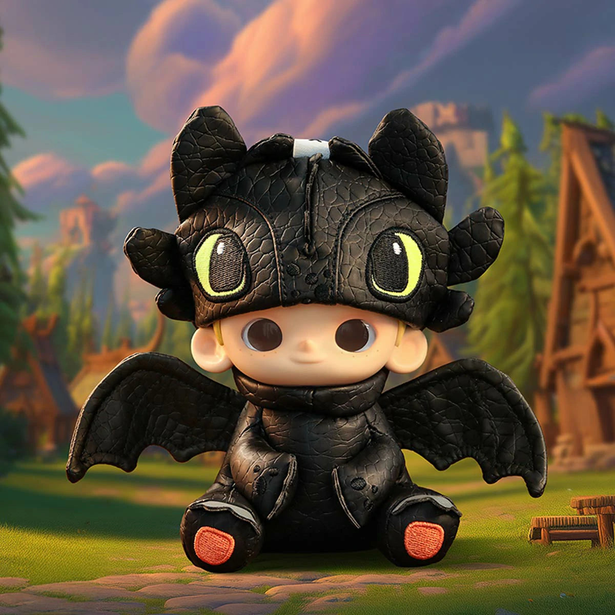 NOOK as Toothless seated in black dragon costume in a green village, NOOK x Toothless limited edition