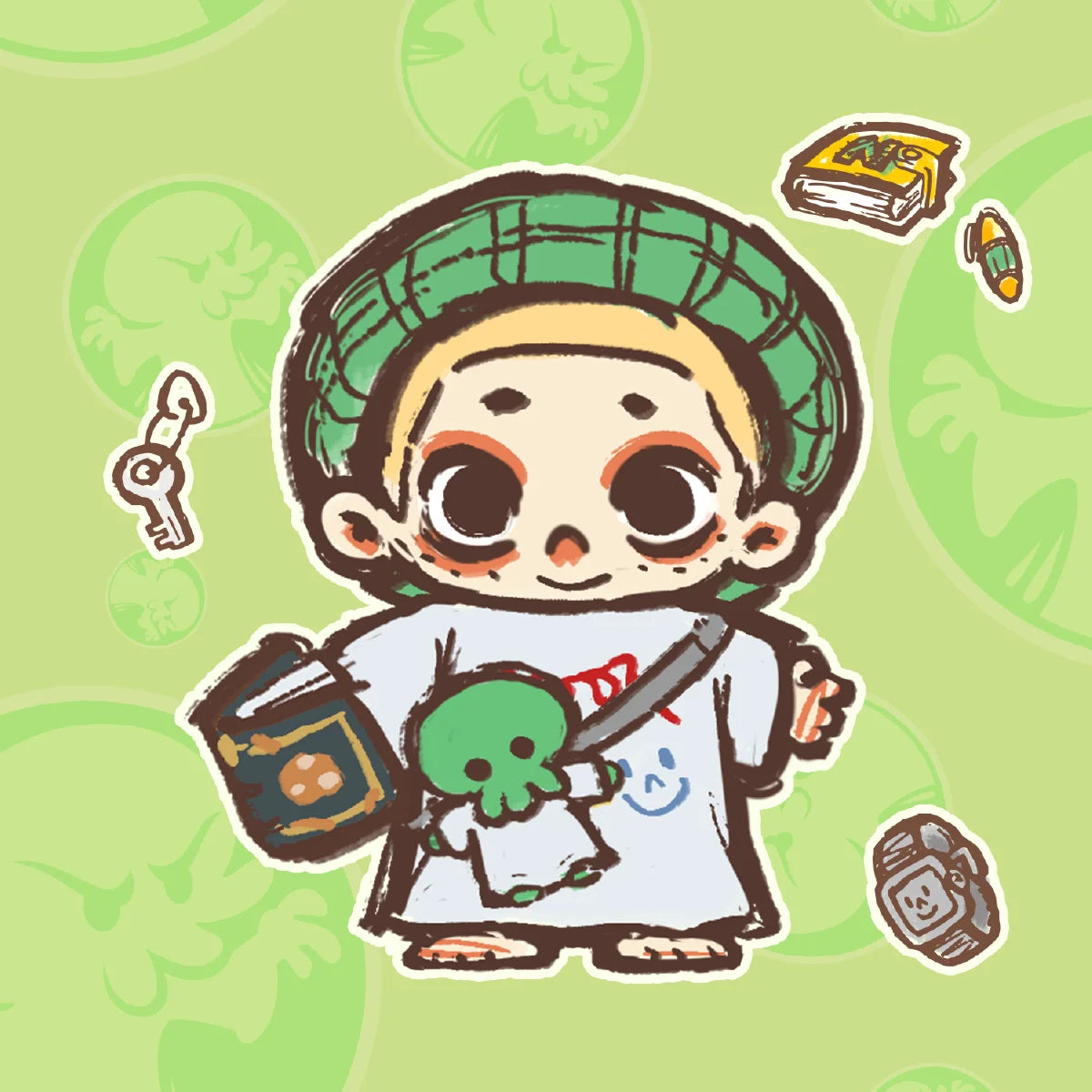 Illustration of NOOK dressed as Goomi with green cap, plush toy, and crossbody bag