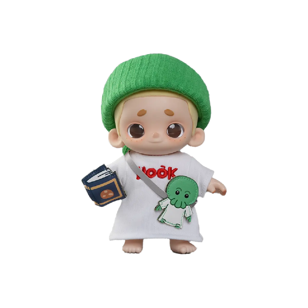 NOOK dressed as Goomi with a green knit cap, white shirt, plush toy, and crossbody bag