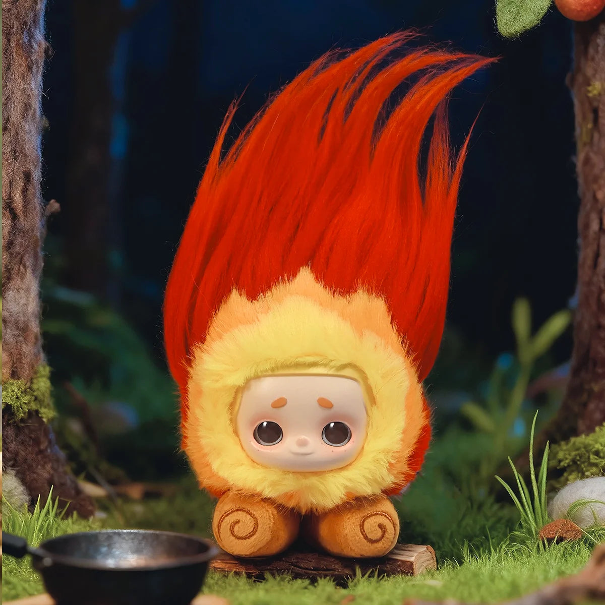 Bonfire Promise Nook with fiery red hair and yellow flame collar by a woodland fire, My Date with the Forest