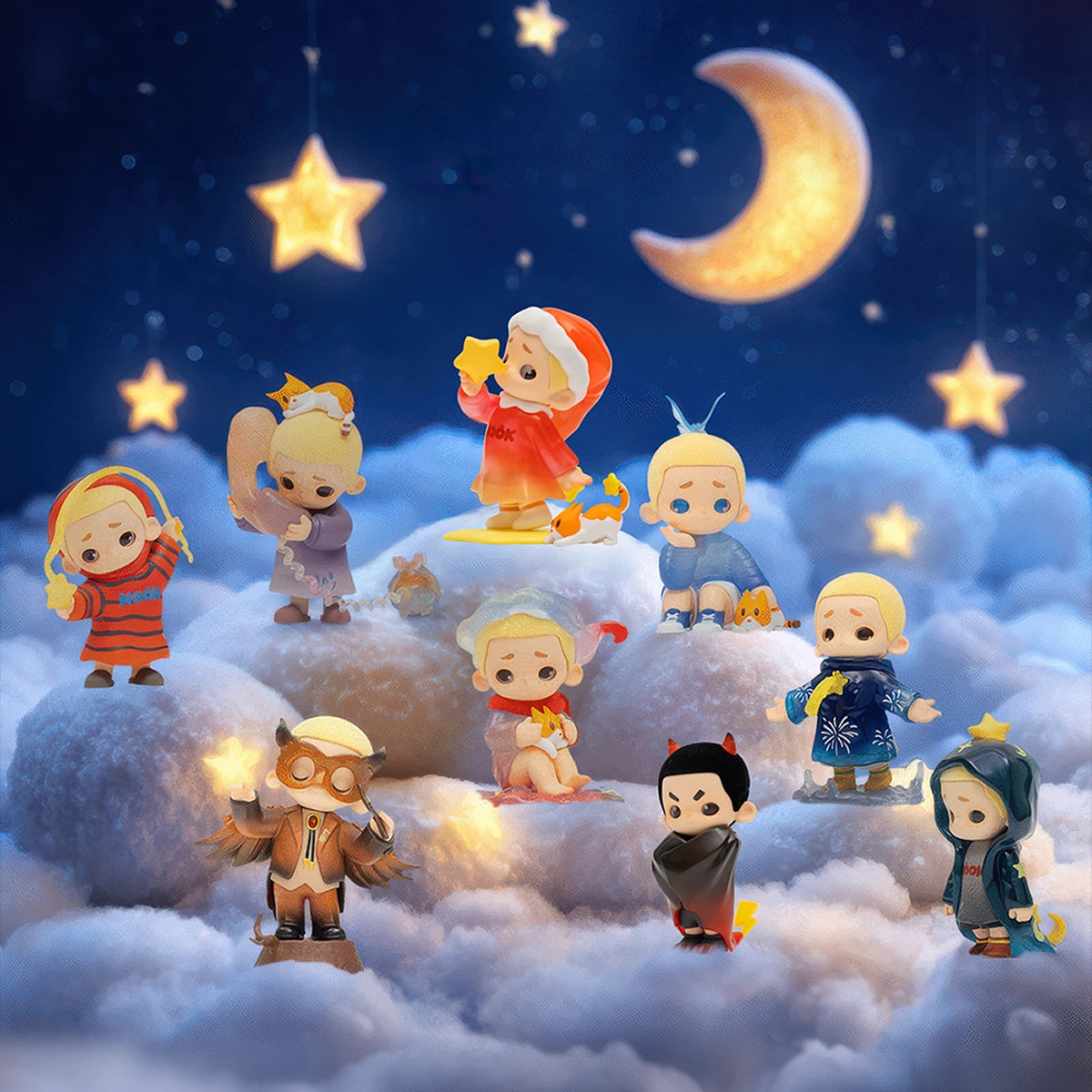Full set of nine NOOK My Little Universe At Night figures on glowing clouds under a moon, blind box