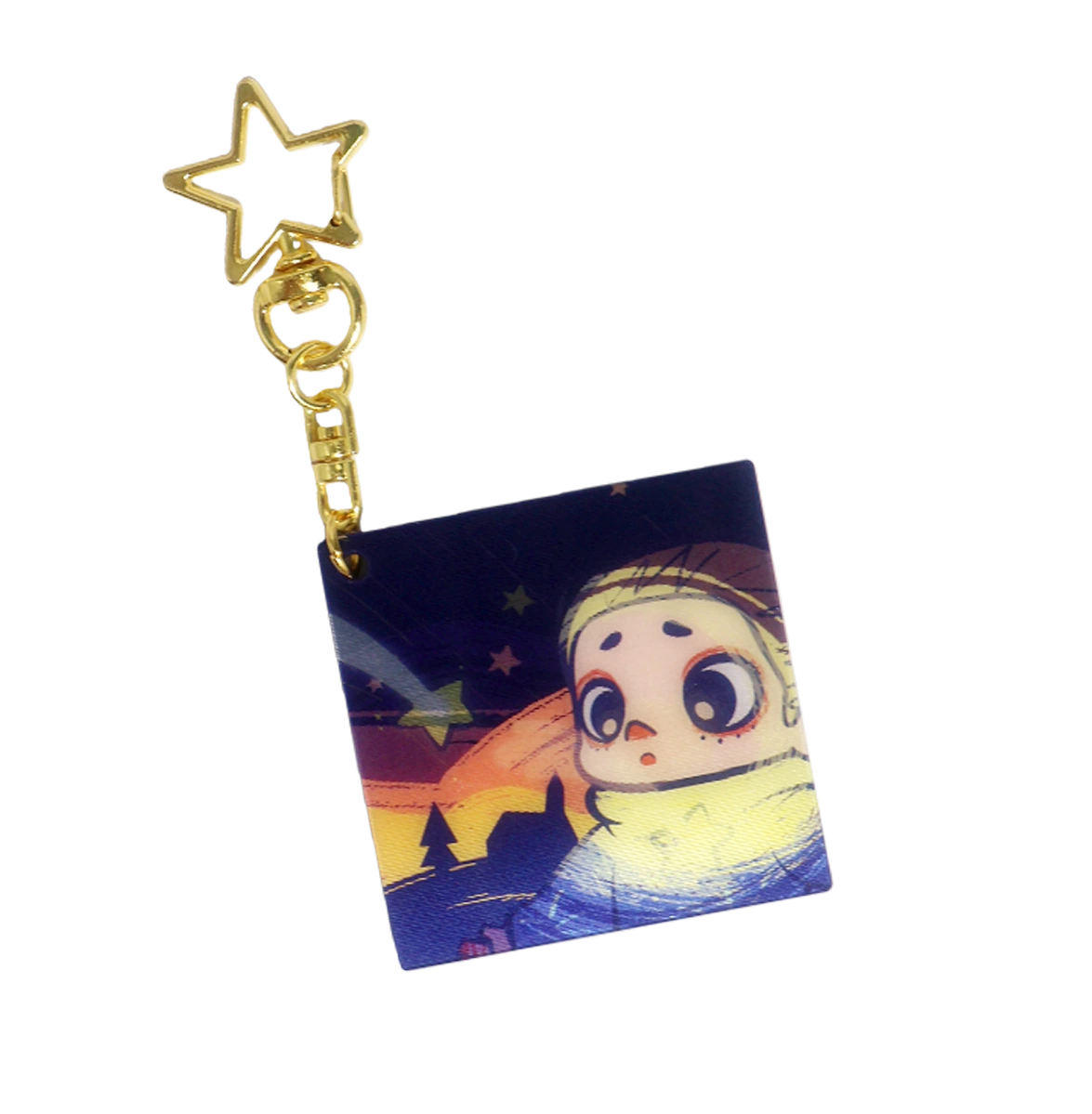 Fireworks and Meteors lenticular keychain on gold star chain, NOOK figure under starry sky, by 52TOYS