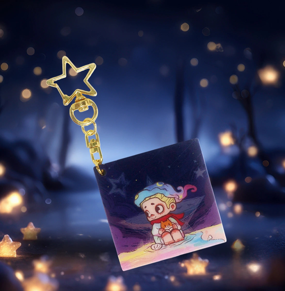 Sea of Stars NOOK lenticular keychain set against a starry night bokeh scene, by 52TOYS