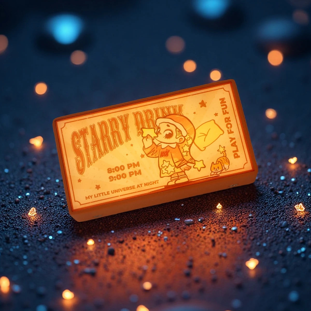 Starry Drink orange magnet glowing with child holding a star cup, NOOK Night Series