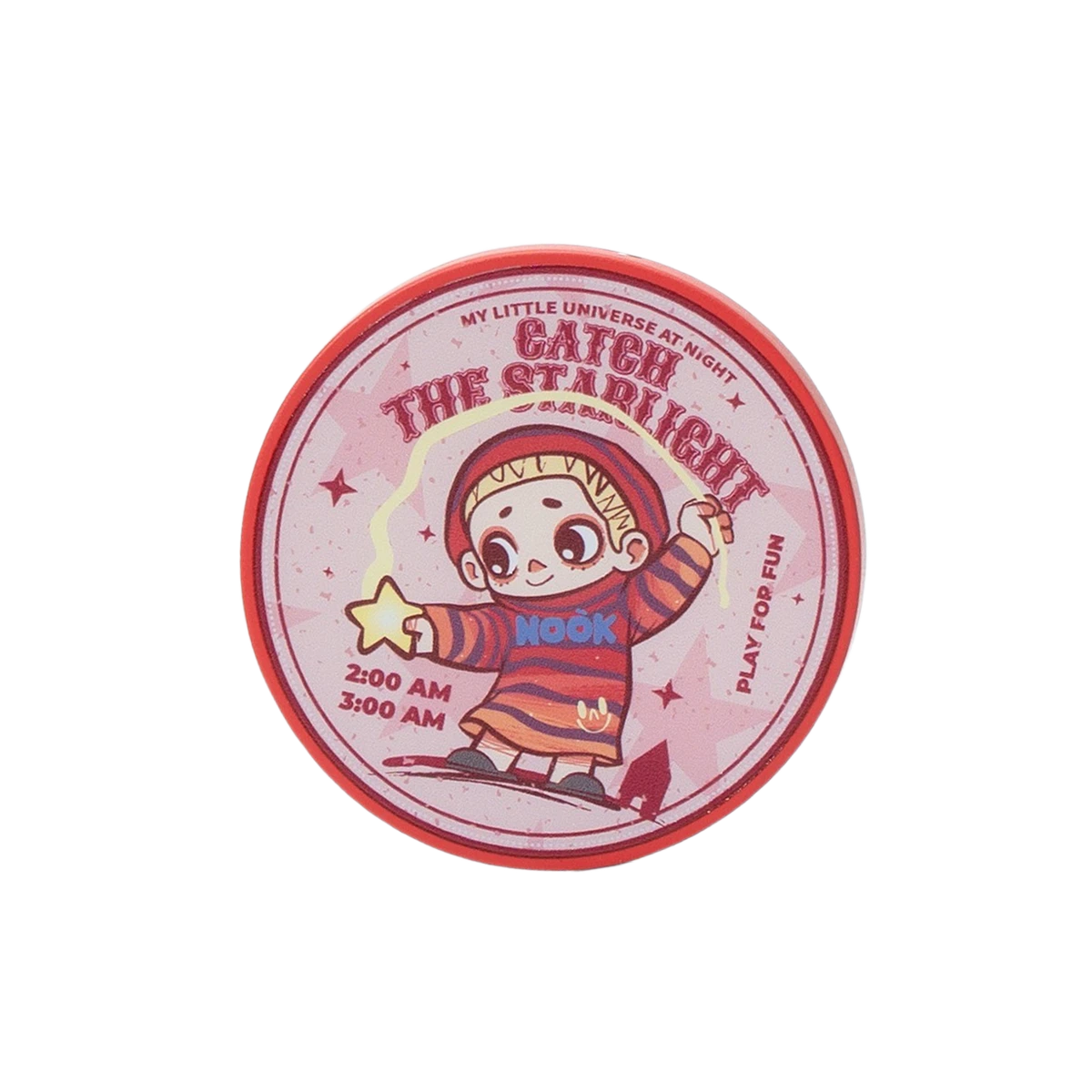 Red round Catch the Starlight badge magnet with space-suited child reaching for a star, NOOK Night Series