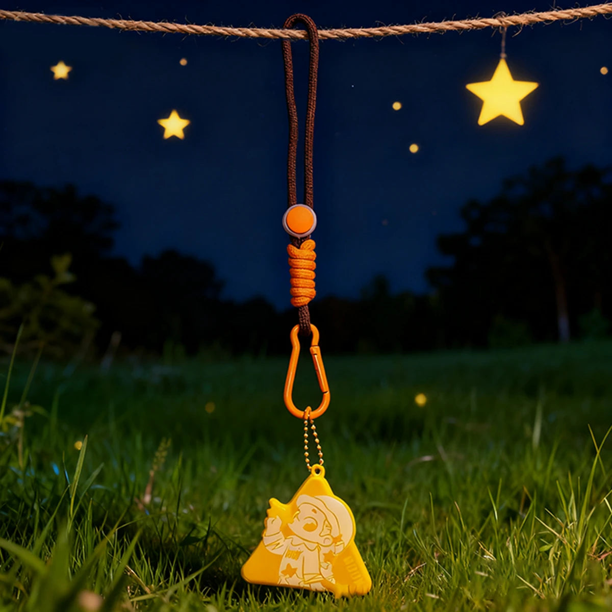 Orange Triangle reflective pendant glowing on a brown strap in grass, NOOK Night Series