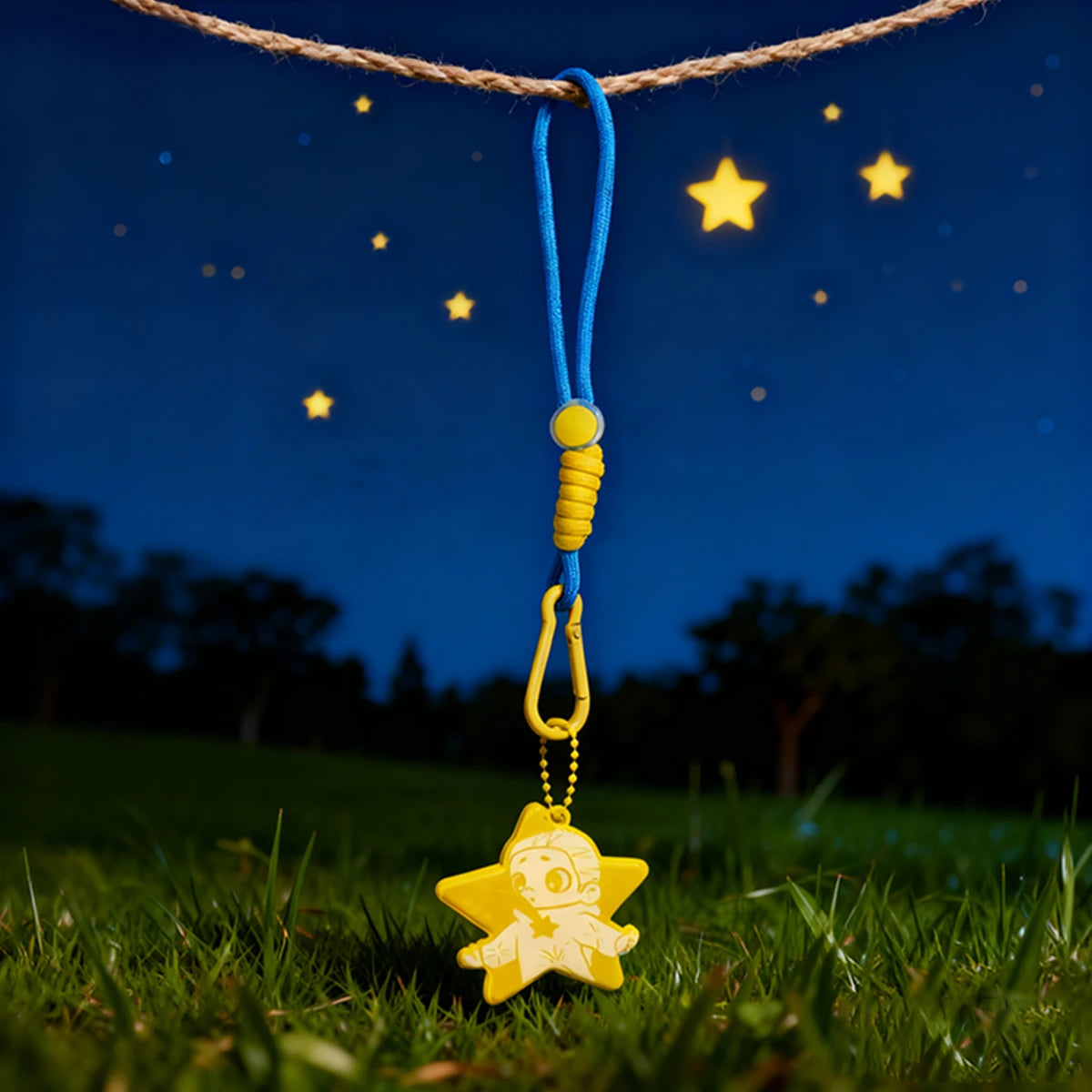 Yellow Star reflective pendant with a small figure on a blue strap, NOOK Night Series