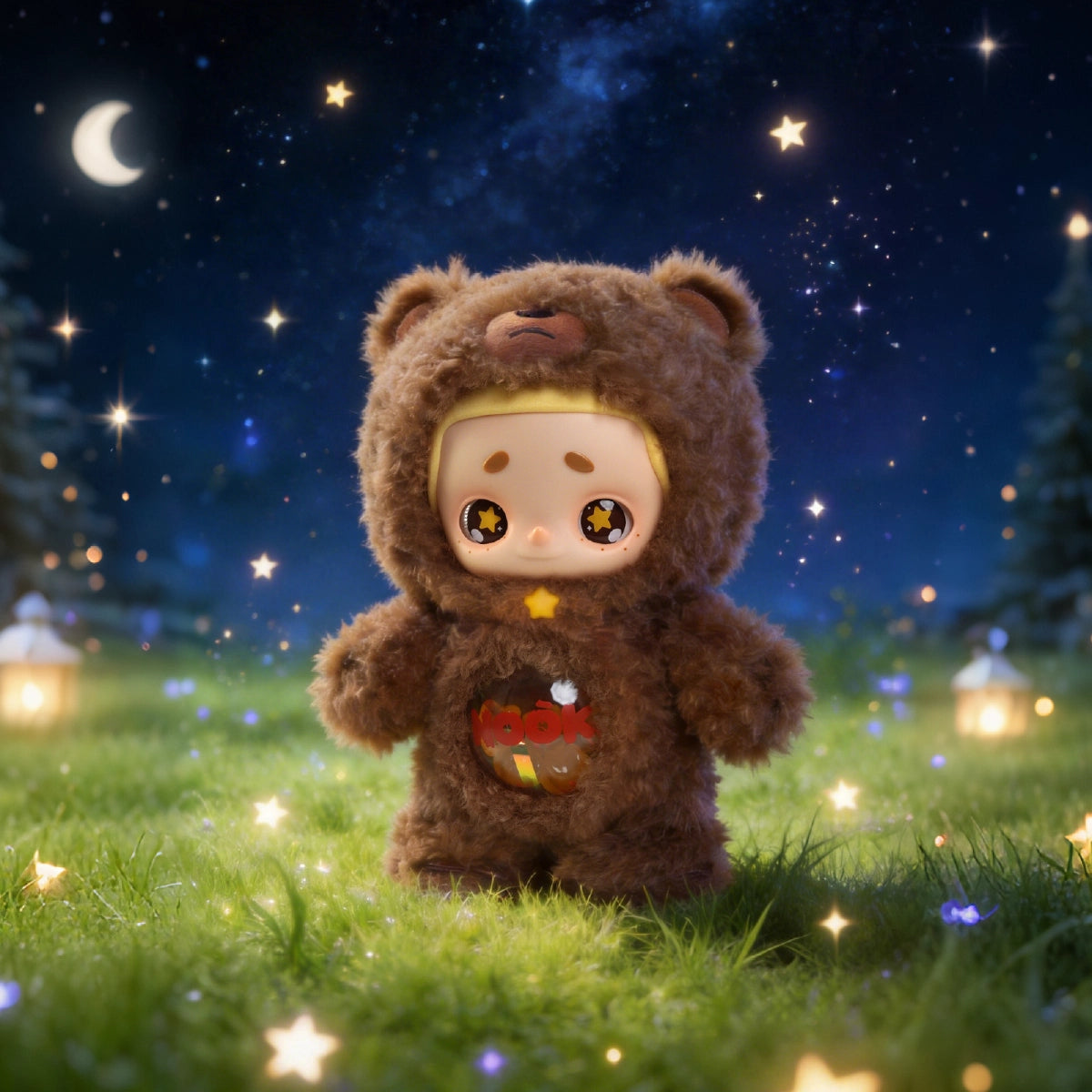 NOOK Star Keeper Bear vinyl plush standing under a moonlit, star-filled sky