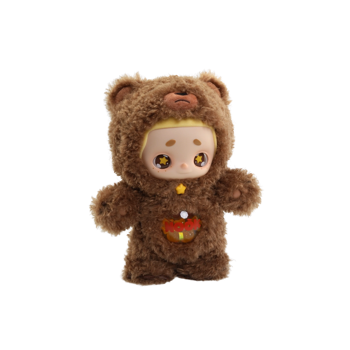 NOOK Star Keeper Bear vinyl plush in a brown bear costume with starry eyes and belly patch