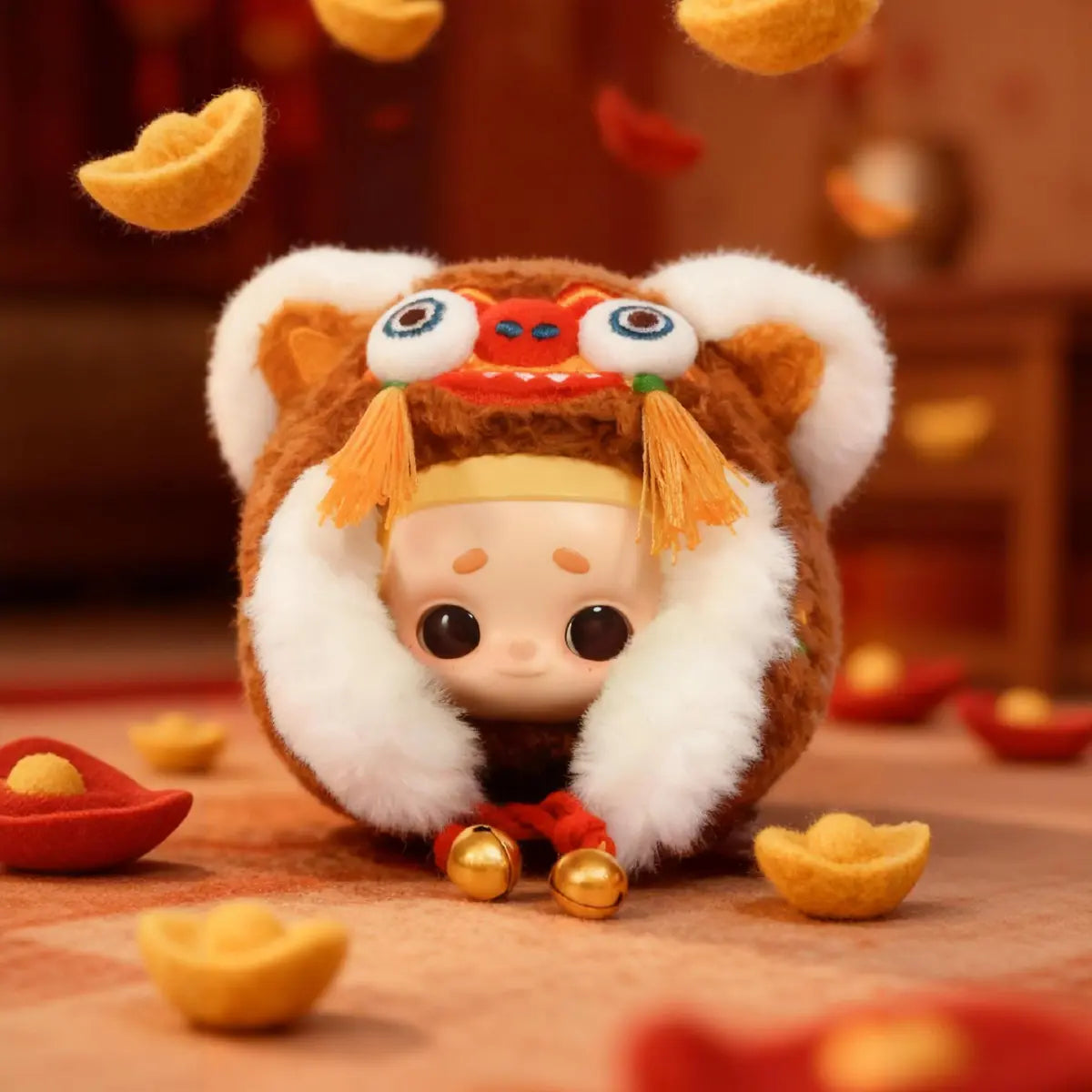 NOOK orange tiger-head hat plush charm with bells displayed among mandarin oranges