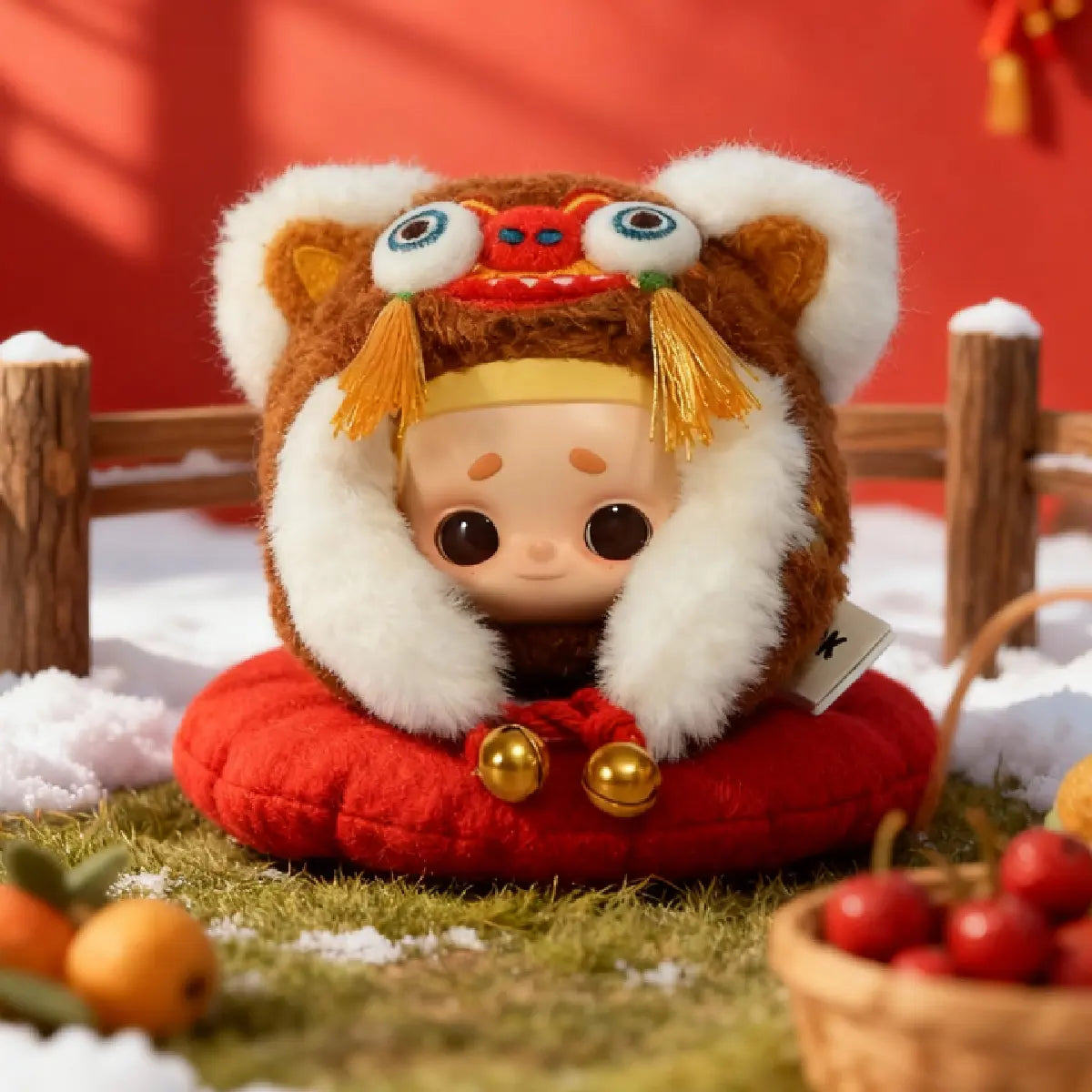 NOOK brown tiger-head hat plush charm on a red cushion in a snowy Lunar New Year scene