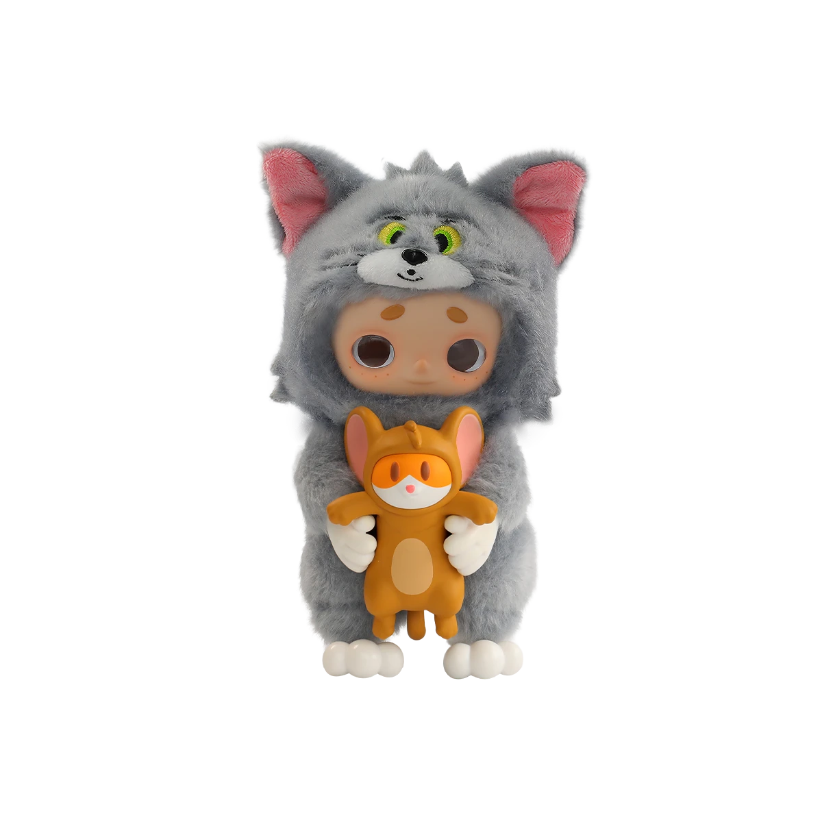 Rear angle of the Nook doll in Tom cat costume holding the orange Jerry mouse figure, Nook x Tom and Jerry