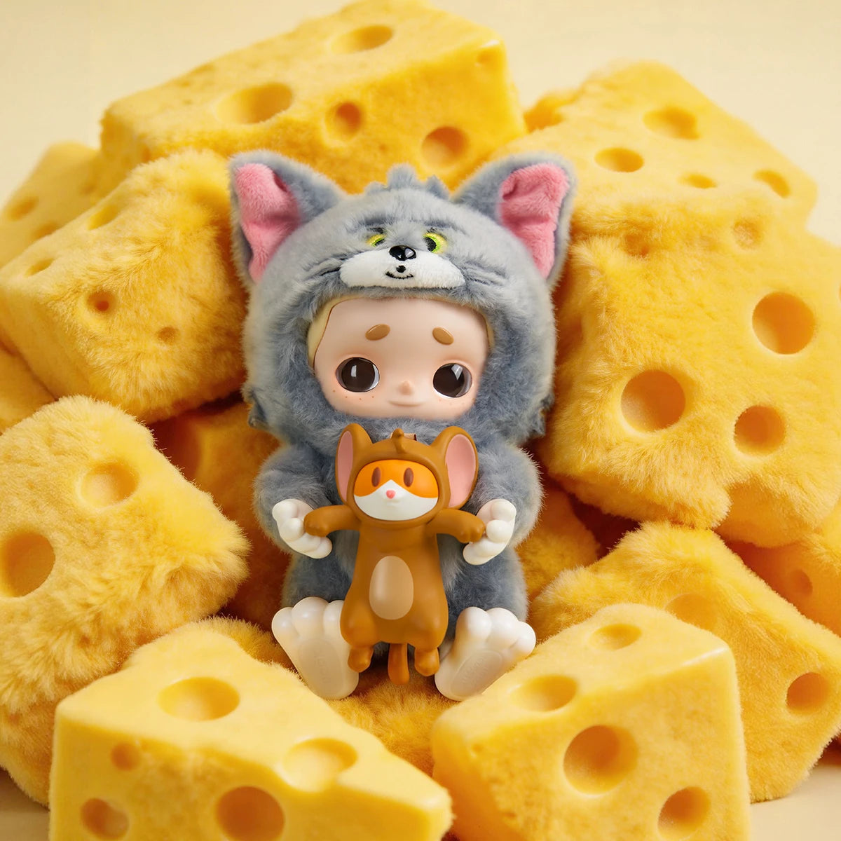 Nook in Tom cat costume holding Jerry, nestled among plush Swiss cheese wedges, Nook x Tom and Jerry